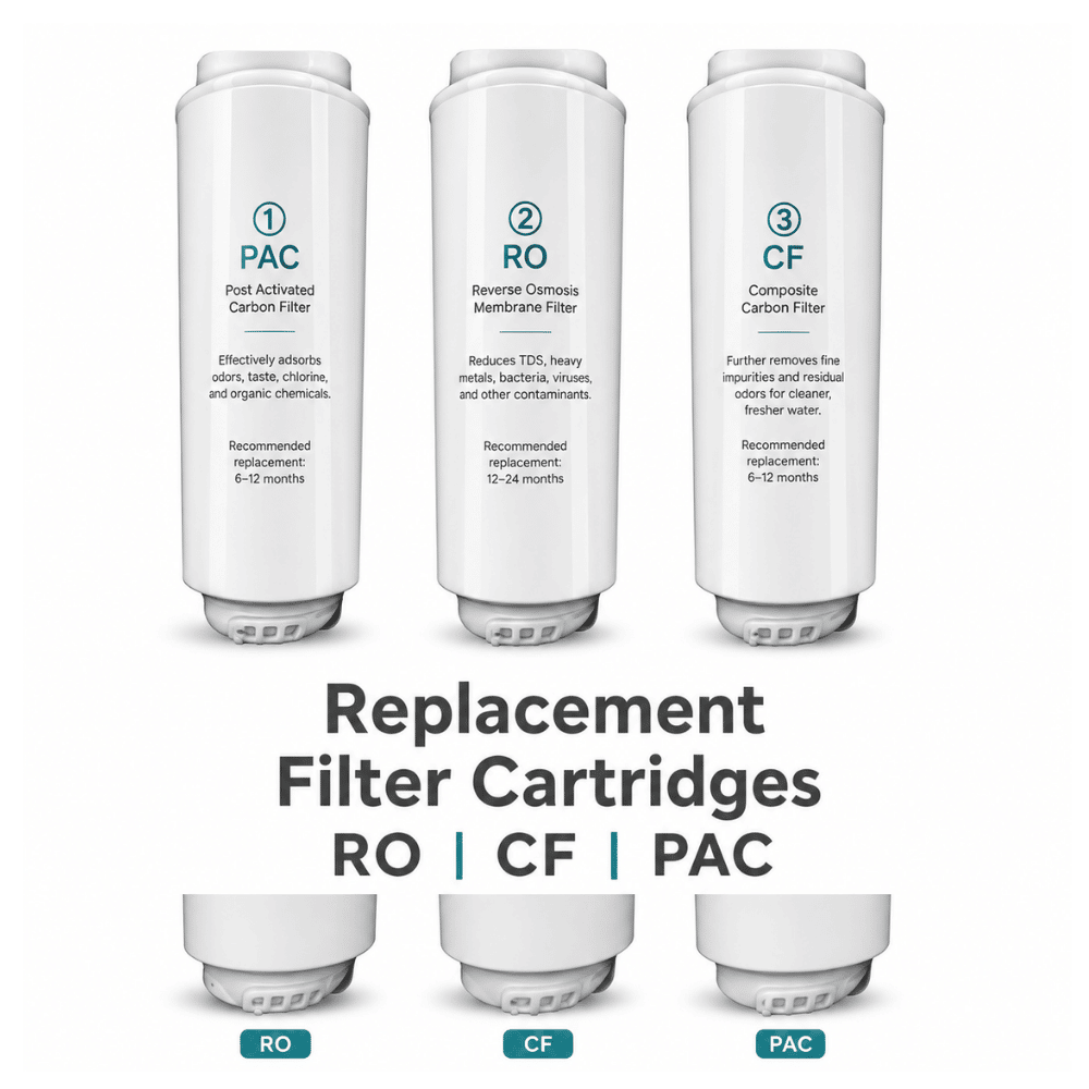 Three replacement filter cartridges labeled PAC, RO, and CF on a white background.