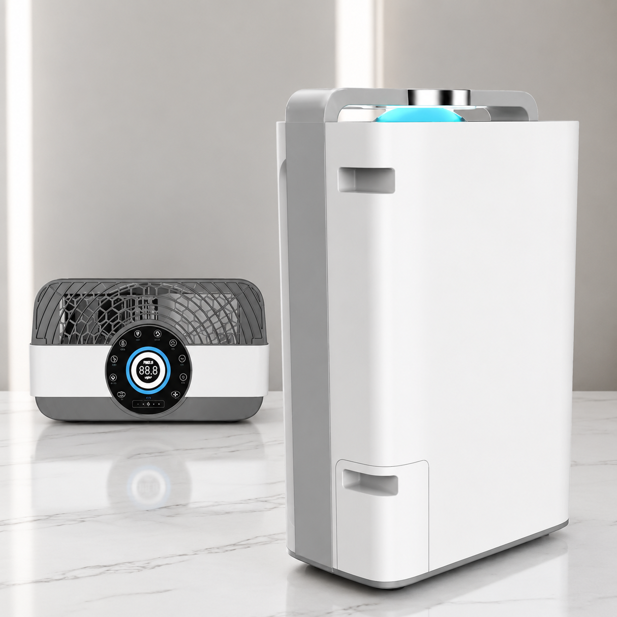 HEPA Air purifier devices on a white surface with a light gray background