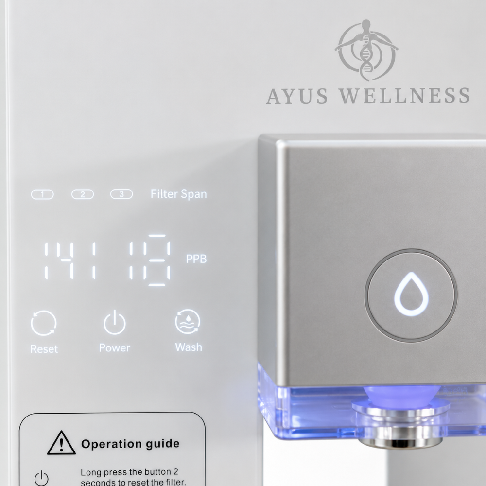 close up digital display with ayus wellness branding and blue light on a hydrogen water filter machine