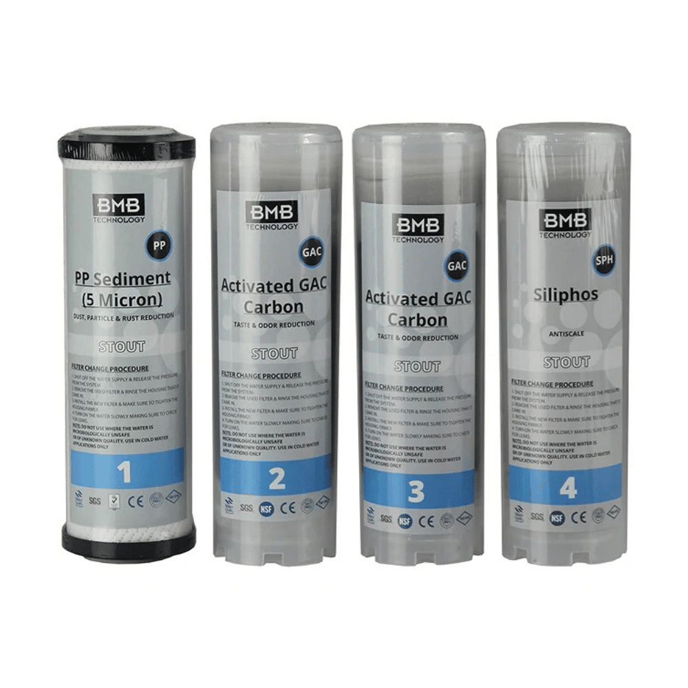 Four whole house filter in grey with BMB Technology logo and details about which filter removes 