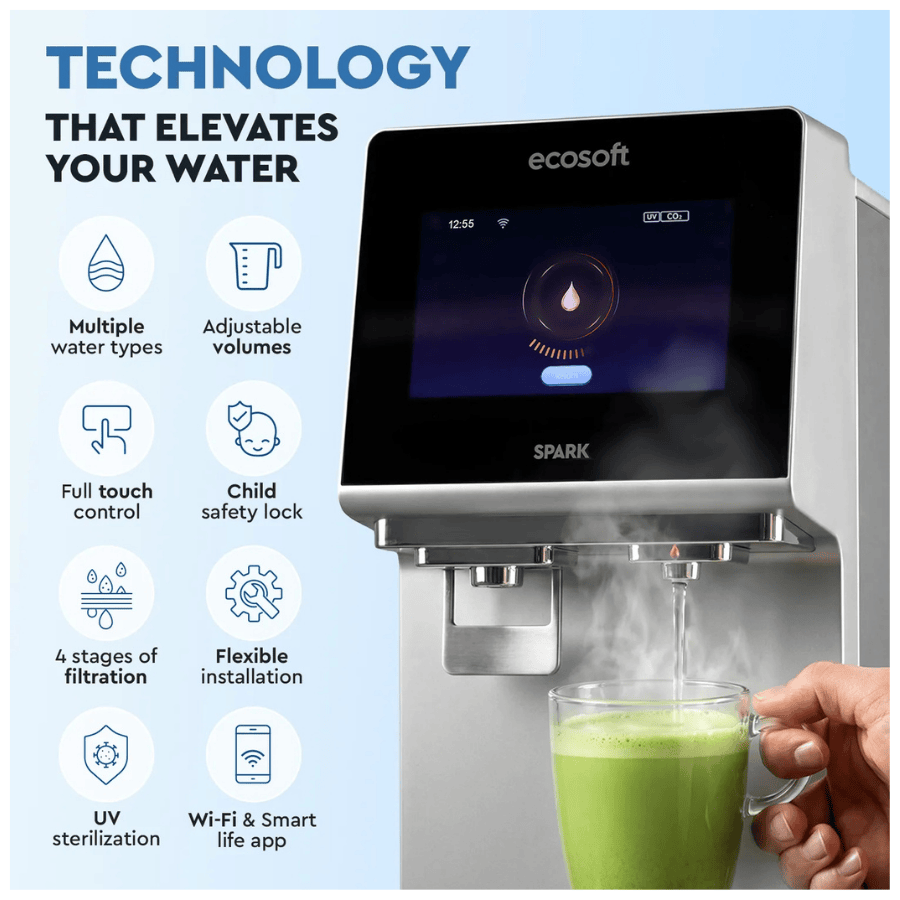 Ecosoft Countertop RO system with a cup of green juice being filled, featuring technology features on a light blue background.