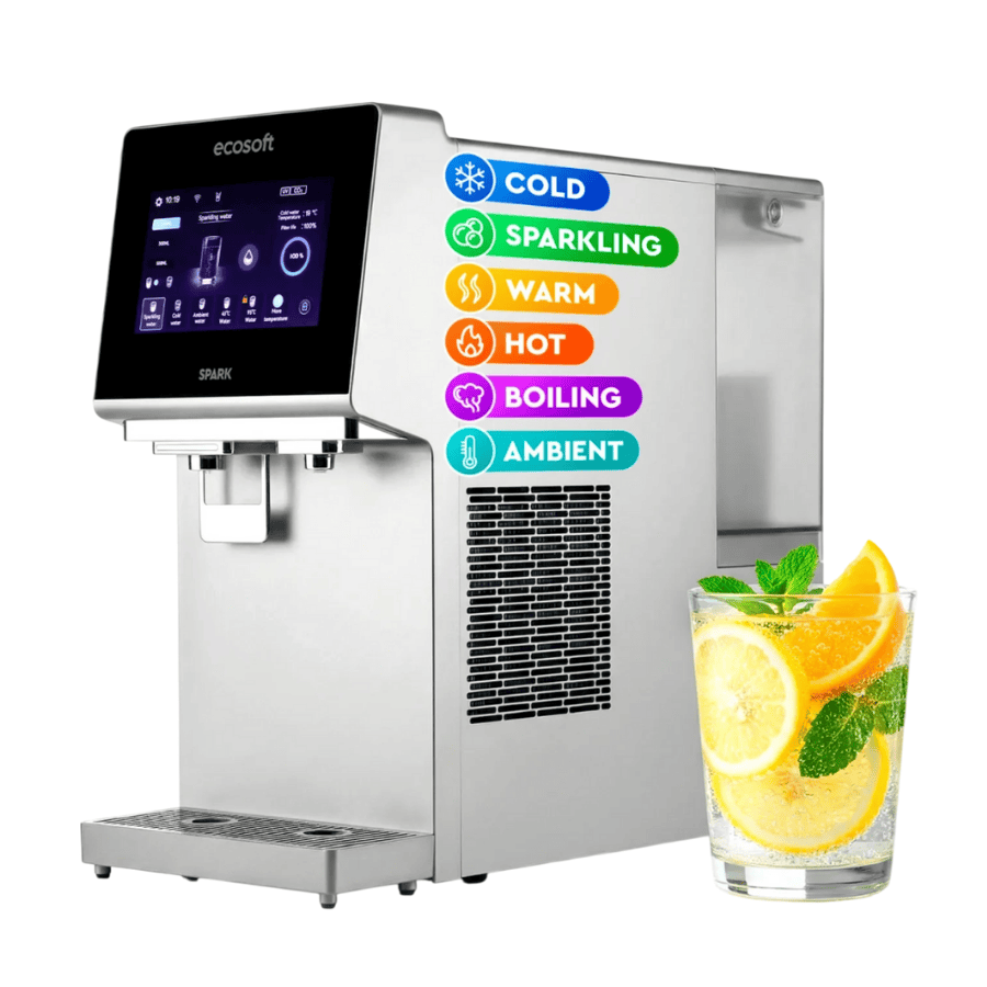 Ecosoft water machine with a glass of lemonade on a white background and a list of dispensing options