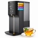 A black ecosoft countertop water dispenser with a digital display and gold accents, shown next to a glass of iced tea on a white background.