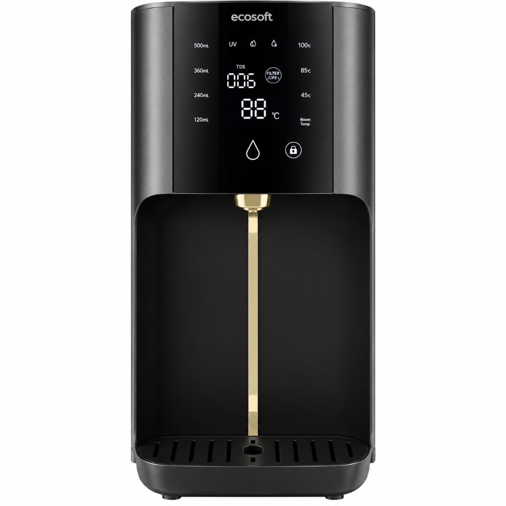 A black Ecosoft water dispenser with a glossy finish, featuring a digital control panel on the front, a gold-colored spout, and a white background.