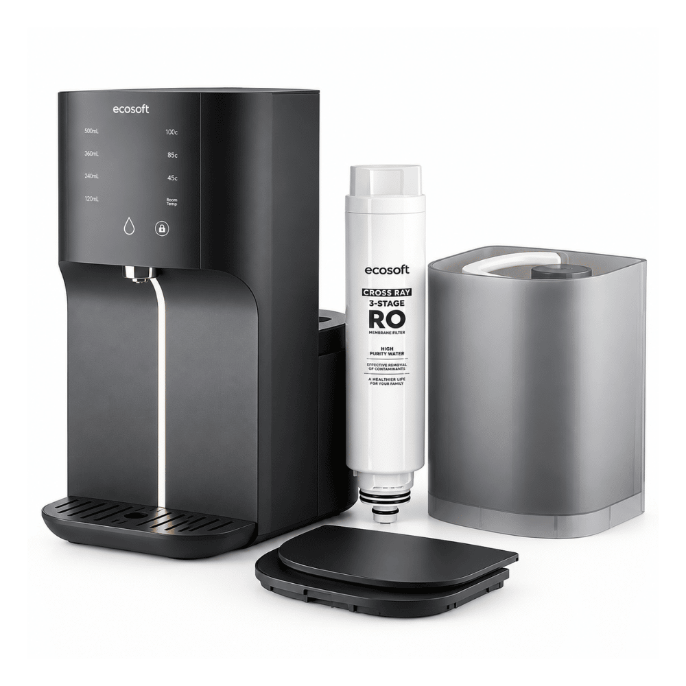 Ecosoft RO countertop water filter system with a black main dispenser, a white RO filter cartridge, a gray canister, and a black lid, shown on a white background.