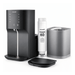 Ecosoft RO countertop water filter system with a black main dispenser, a white RO filter cartridge, a gray canister, and a black lid, shown on a white background.