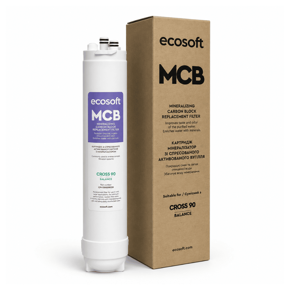 An ecosoft MCB Cross 90 mineralizing carbon block replacement filter next to its brown cardboard packaging box, shown on a clean white background.