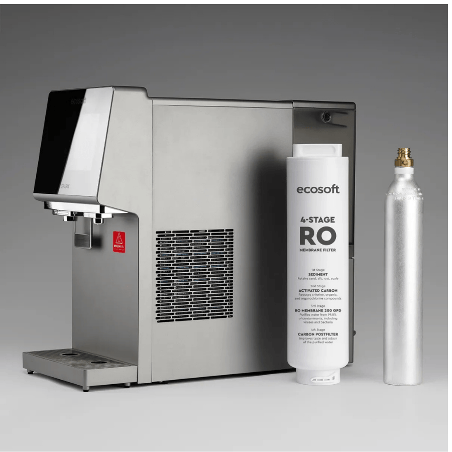 bottleless countertop water dispenser system with ecosoft Reverse Osmosis filter and canister on a gray background