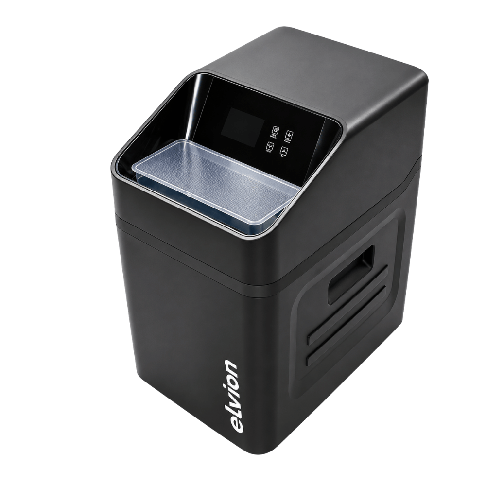 a black water softener with the words elvion written on the front, all on a white background