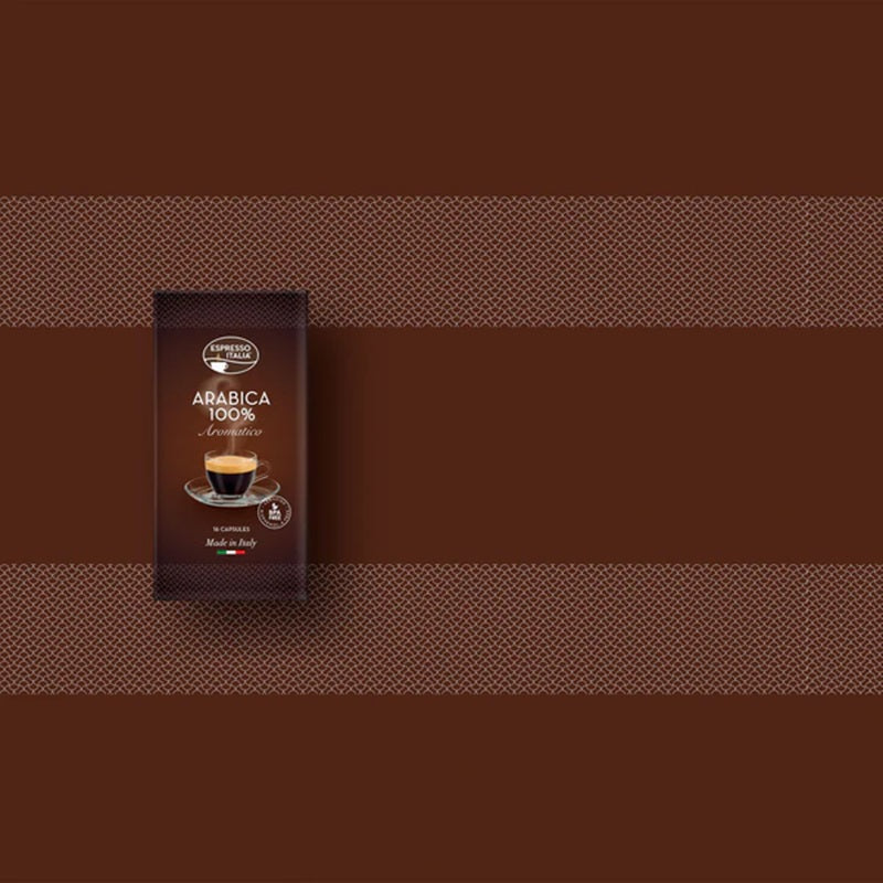 Picture of espresso italia Arabica coffee against a brown background