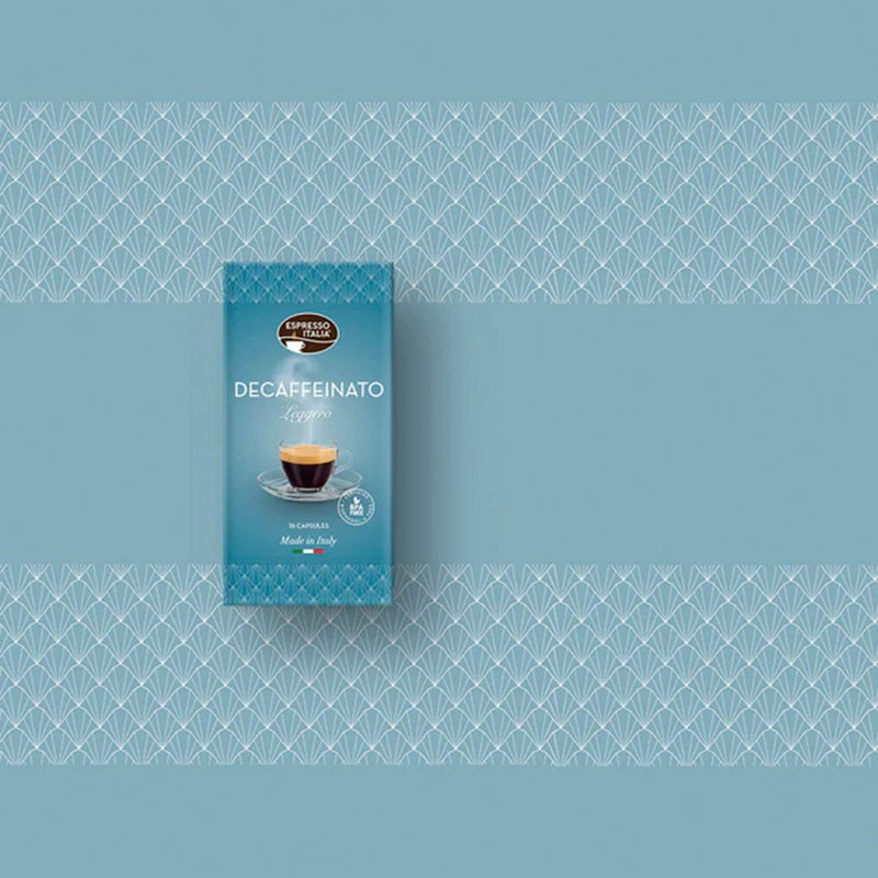 Picture of Decaffeinato Coffee Pods box on blue background
