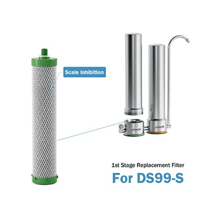 a green water filter with cartridges and tap