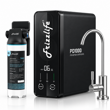 Frizzlife PD1000 reverse osmosis water purifier system with a black main unit, curved stainless steel faucet, and a separate water filter canister on a clean white background.