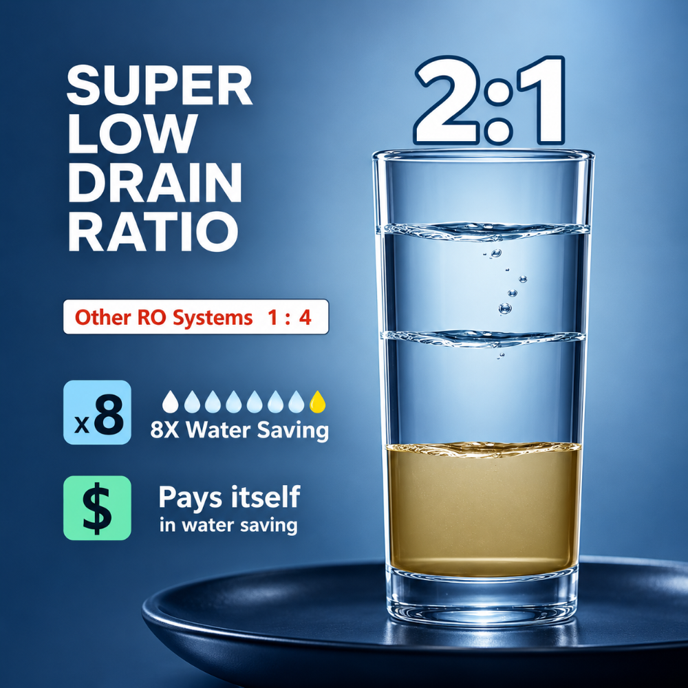 A clear glass water filter pitcher with a 2:1 ratio, shown on a dark blue plate against a blue gradient background. The image features promotional text highlighting its low drain ratio, water savings, and cost-effectiveness.