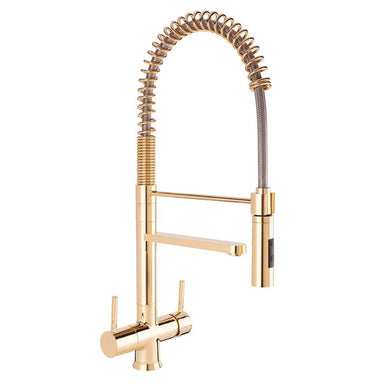 A Gold three way trilfow tap with pull out hose front view