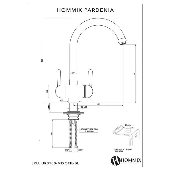 A diagram with specifications of a three way triflow tap