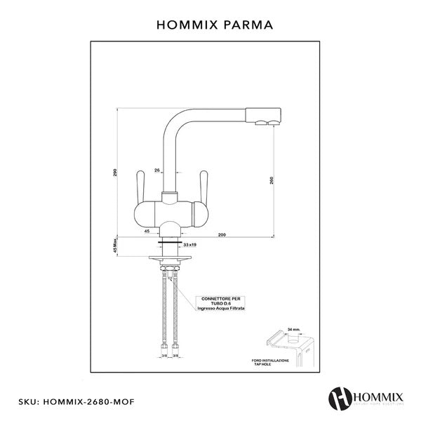 Hommix Parma copper three-way tap dimensions and installation drawing