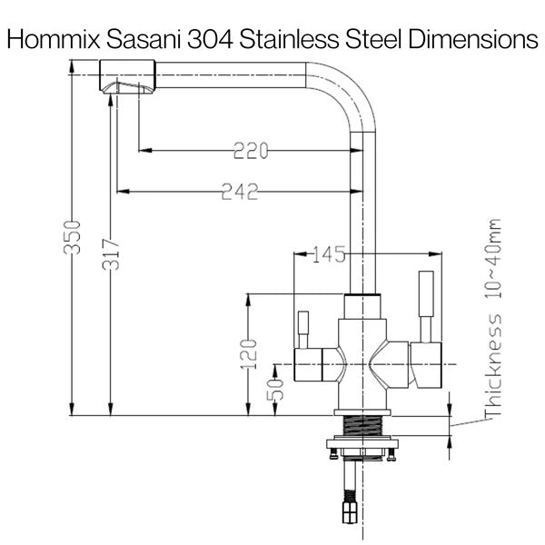 a diagram with dimensions of a three way triflow filter tap