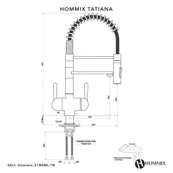 A drawing showing the measurements of a 3 way triflow tap