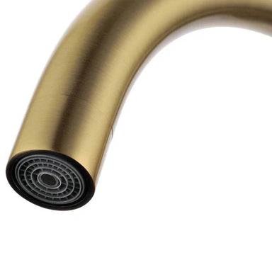 a close up of a brushed brass three way filter tap spout