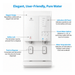 A beige water dispenser on a light gray background with blue text callouts explaining features such as elegant design, safety lock, push to dispense, indication LED panel, preset water options, and water temp selection. Hommix logo also on.