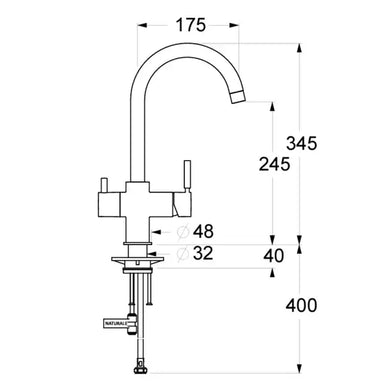 Guglielmi tap technical drawing showing 345 mm height and 400 mm hose