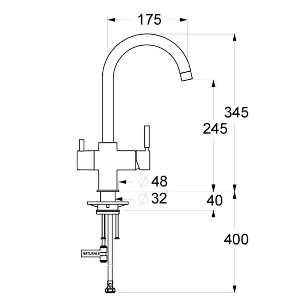 Guglielmi tap technical drawing showing 345 mm height and 400 mm hose