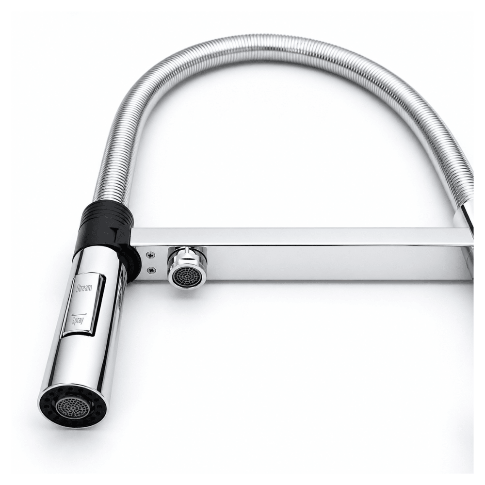 Close up of a Chrome kitchen faucet with flexible hose on a white background