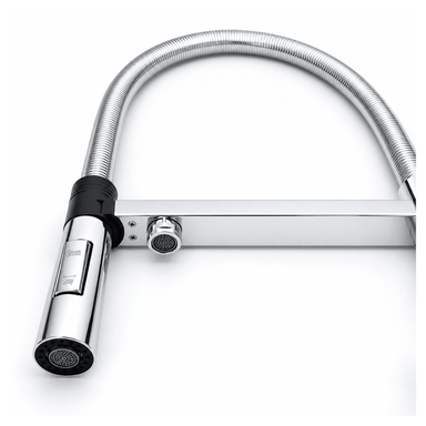 Close up of a Chrome kitchen faucet with flexible hose on a white background