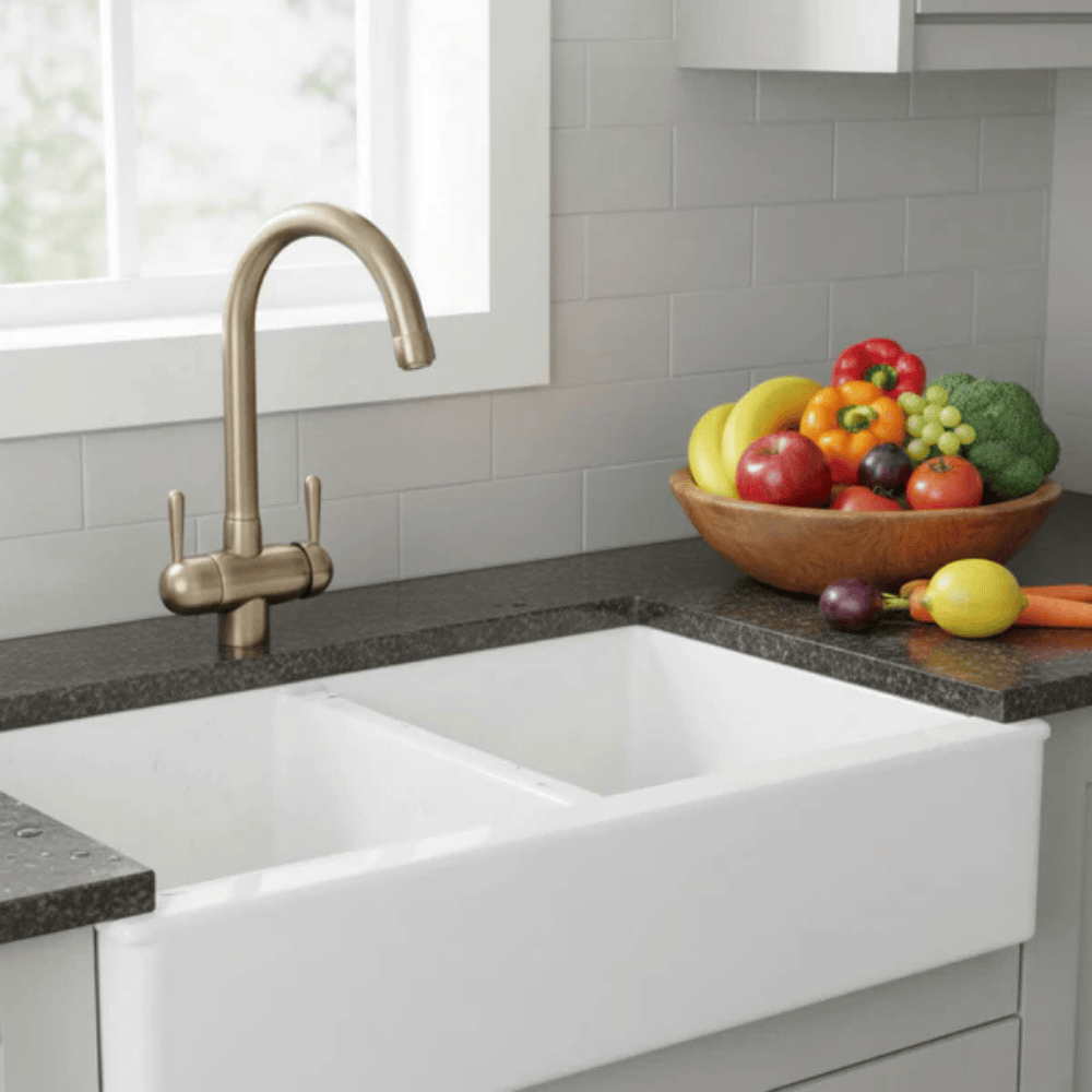 Hommix Pardenia bronze three-way tap installed at a kitchen sink