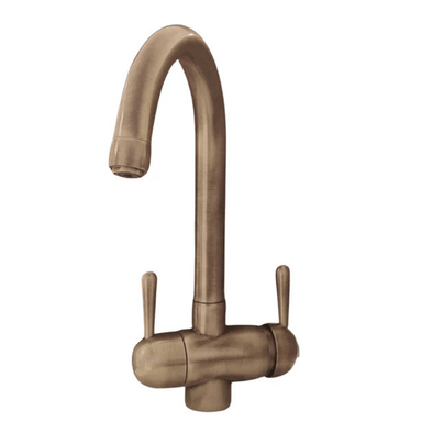 Bronze three way triflow kitchen faucet on a white background