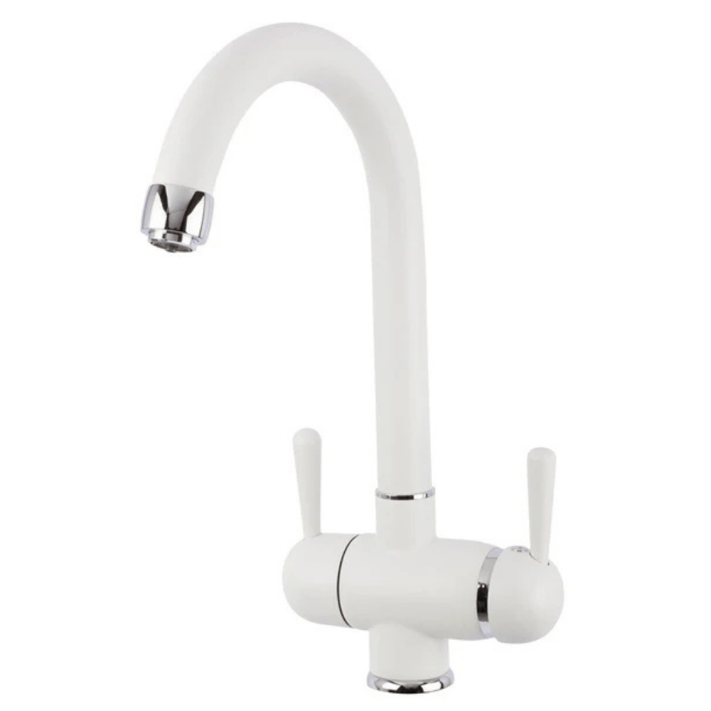 Hommie White kitchen triflo faucet with curved design on a white background
