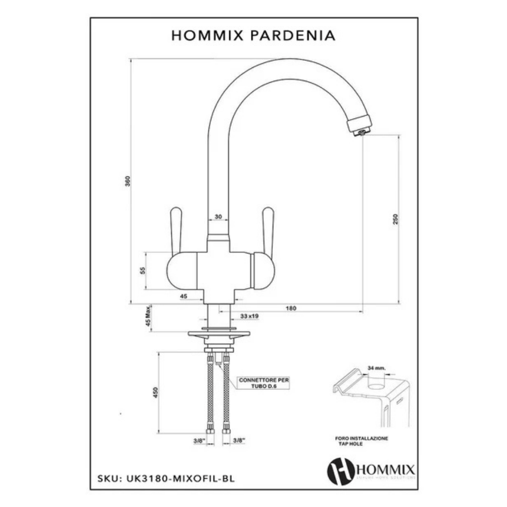 Hommix Pardenia three-way tap technical dimensions