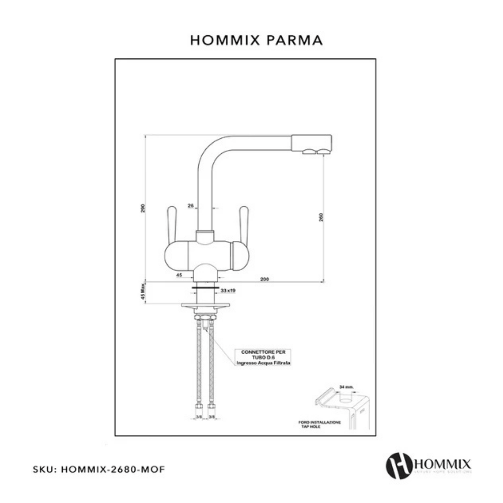 Technical drawing of a Hommix faucet labeled 'Hommix Parma' with dimensions and specifications.