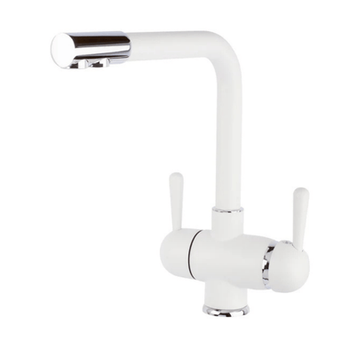 White kitchen three way faucet with chrome dispenser on a white background