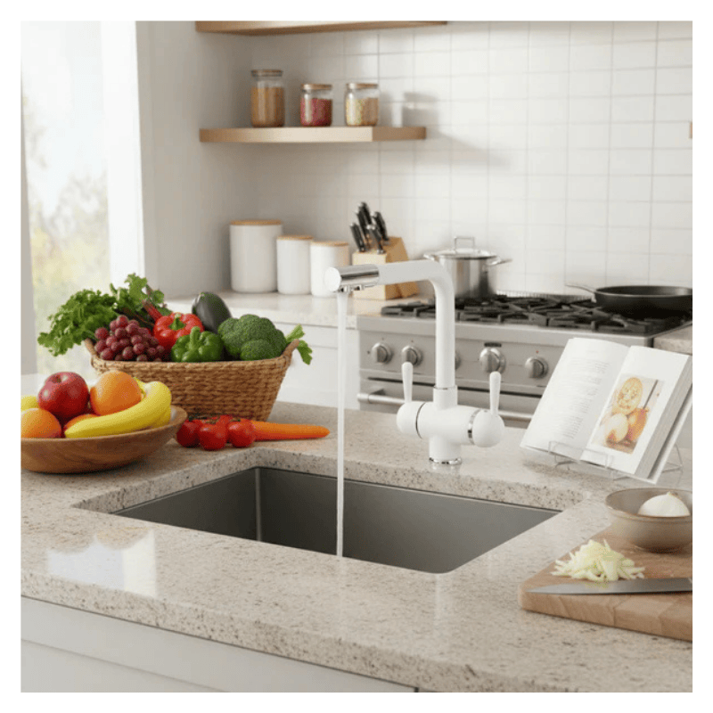 Modern kitchen with a sink, white triflow tap, fruits, vegetables, and kitchen utensils.