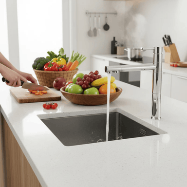 Modern kitchen with water pouring from a chrome triflow faucet into a sink, cutting board, and various fruits and vegetables.