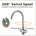 Chrome kitchen faucet with 360-degree swivel spout on a white background