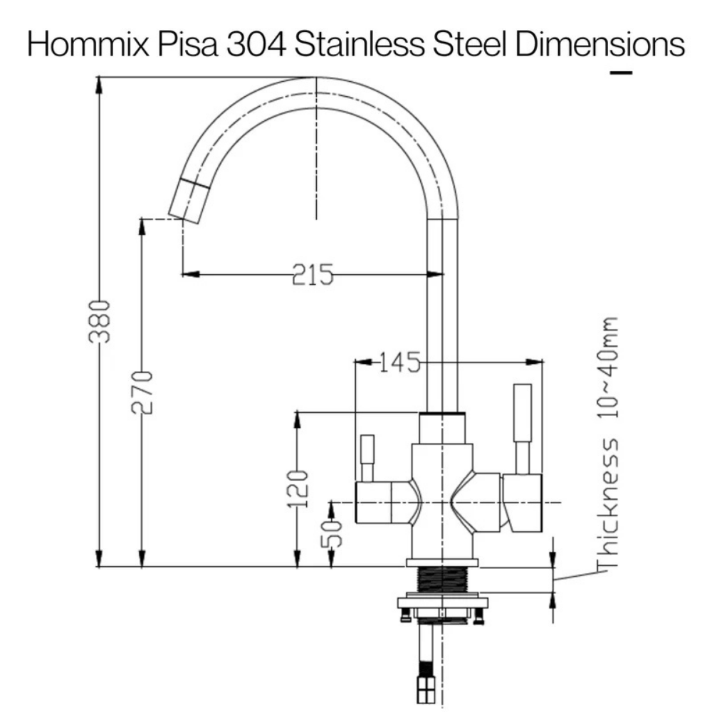 Technical drawing of Hommix Pisa 304 Stainless Steel dimensions on a white background