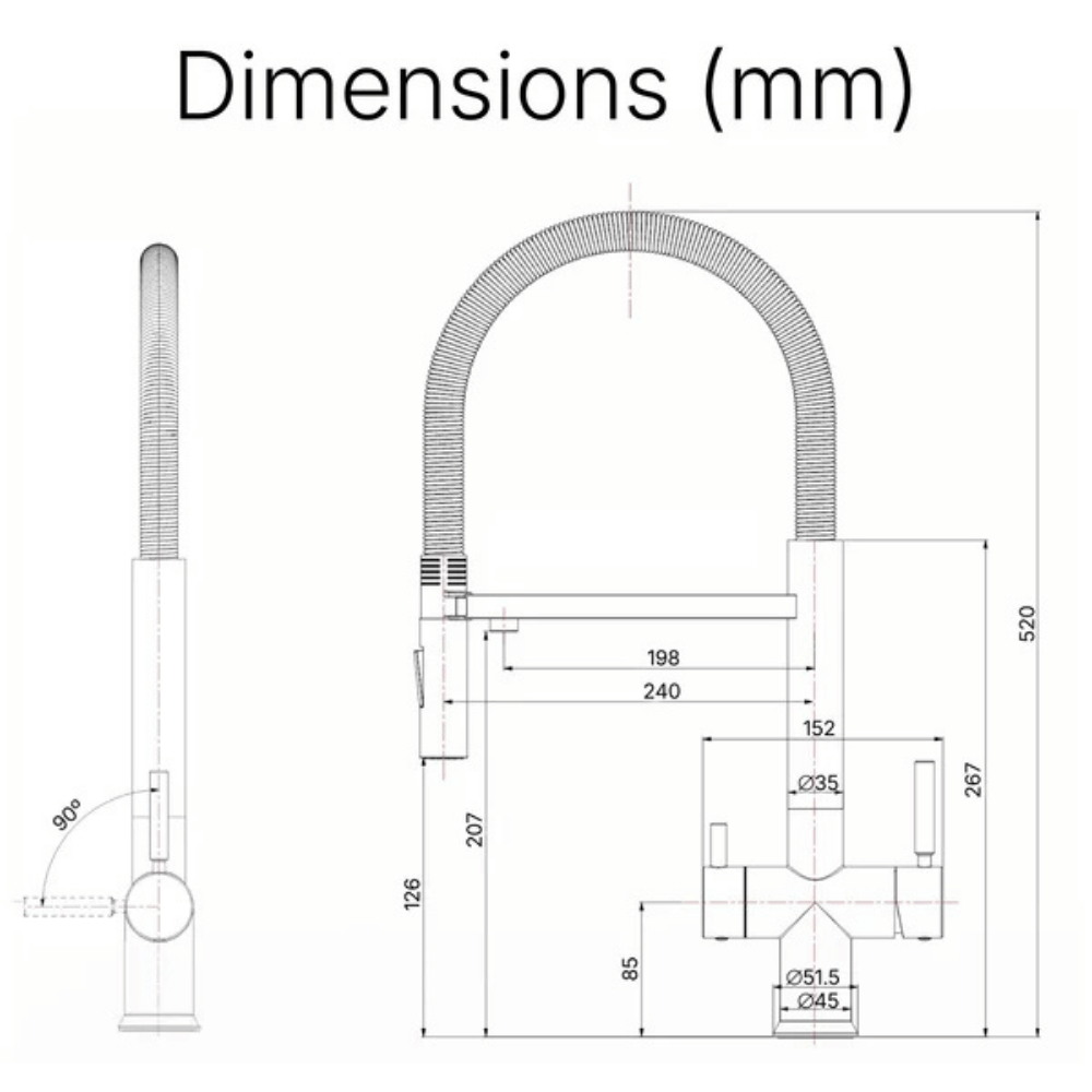 Technical drawing of a Hommix faucet with dimensions labeled