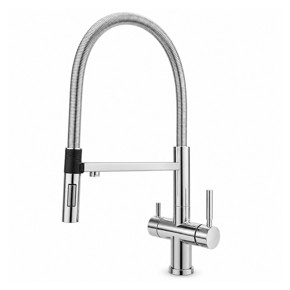 Modern Chrome kitchen faucet with flexible hose on a white background