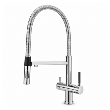 Modern Chrome kitchen faucet with flexible hose on a white background