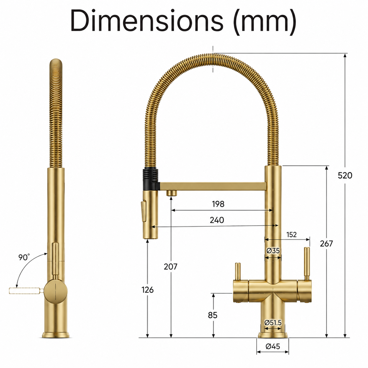 Brushed brass kitchen faucet with detailed dimensions on a white background