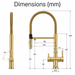 Brushed brass kitchen faucet with detailed dimensions on a white background