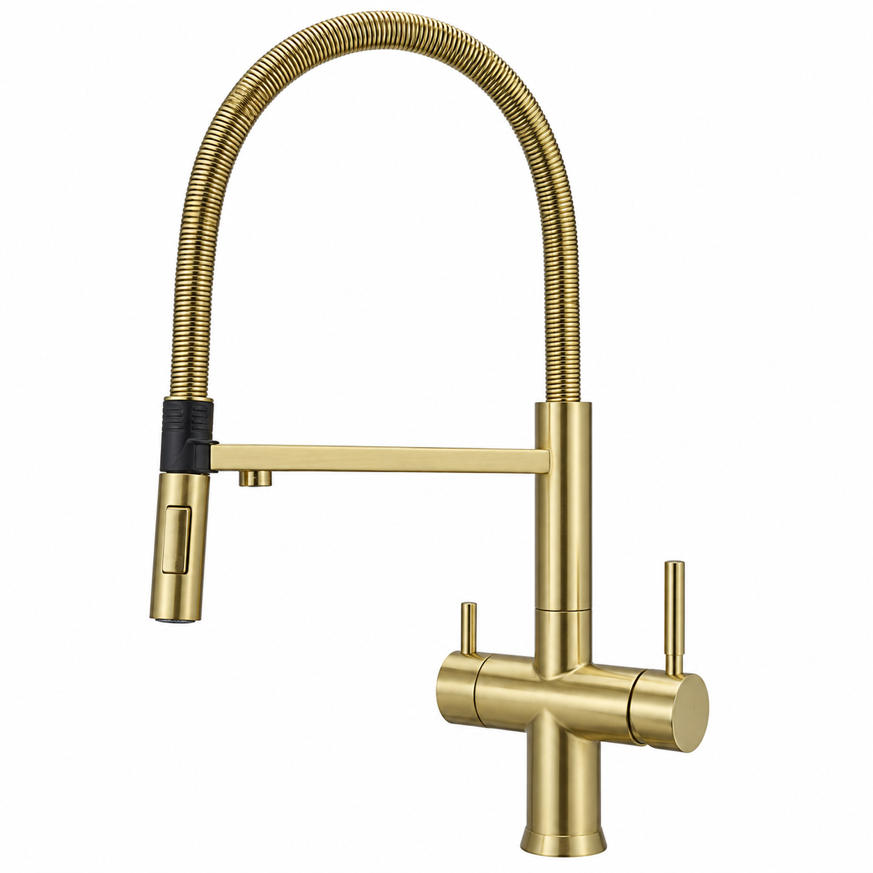 three way kitchen faucet with a flexible hose on a white background