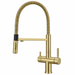 three way kitchen faucet with a flexible hose on a white background
