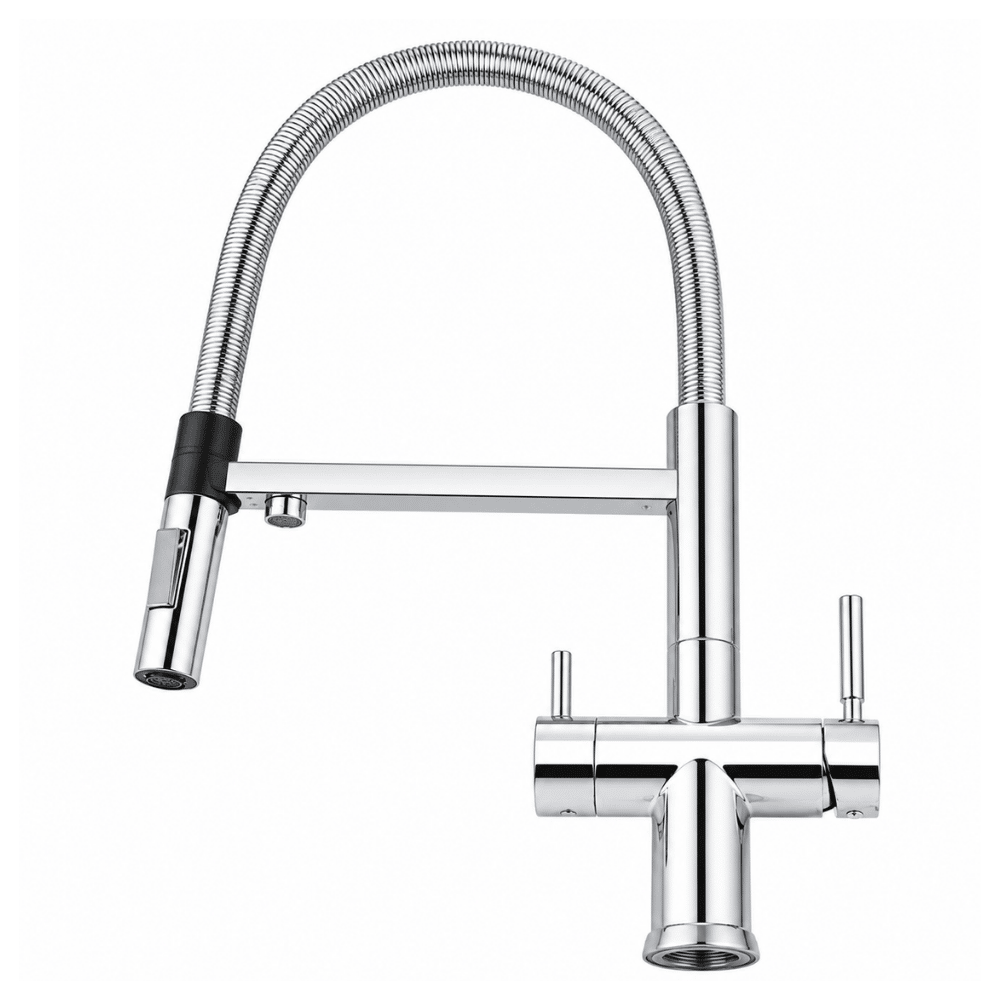 Chrome kitchen faucet with flexible spring magnet hose on a white background