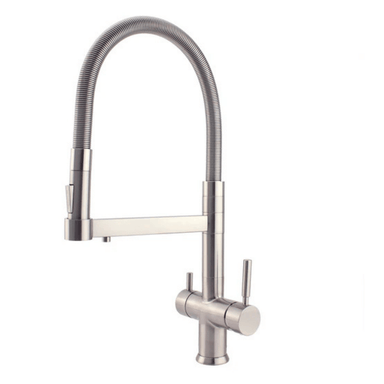 Three way filter tap with hose in brushed nickel on a white background