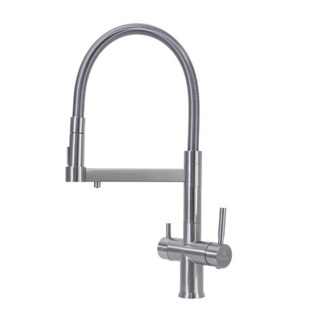 A three way filter tap in brushed nickel on white background