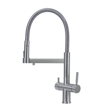 A three way filter tap in brushed nickel on white background